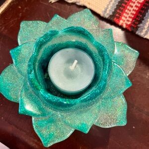 Hand Crafted Teal Glitter Lotus Candle Holder